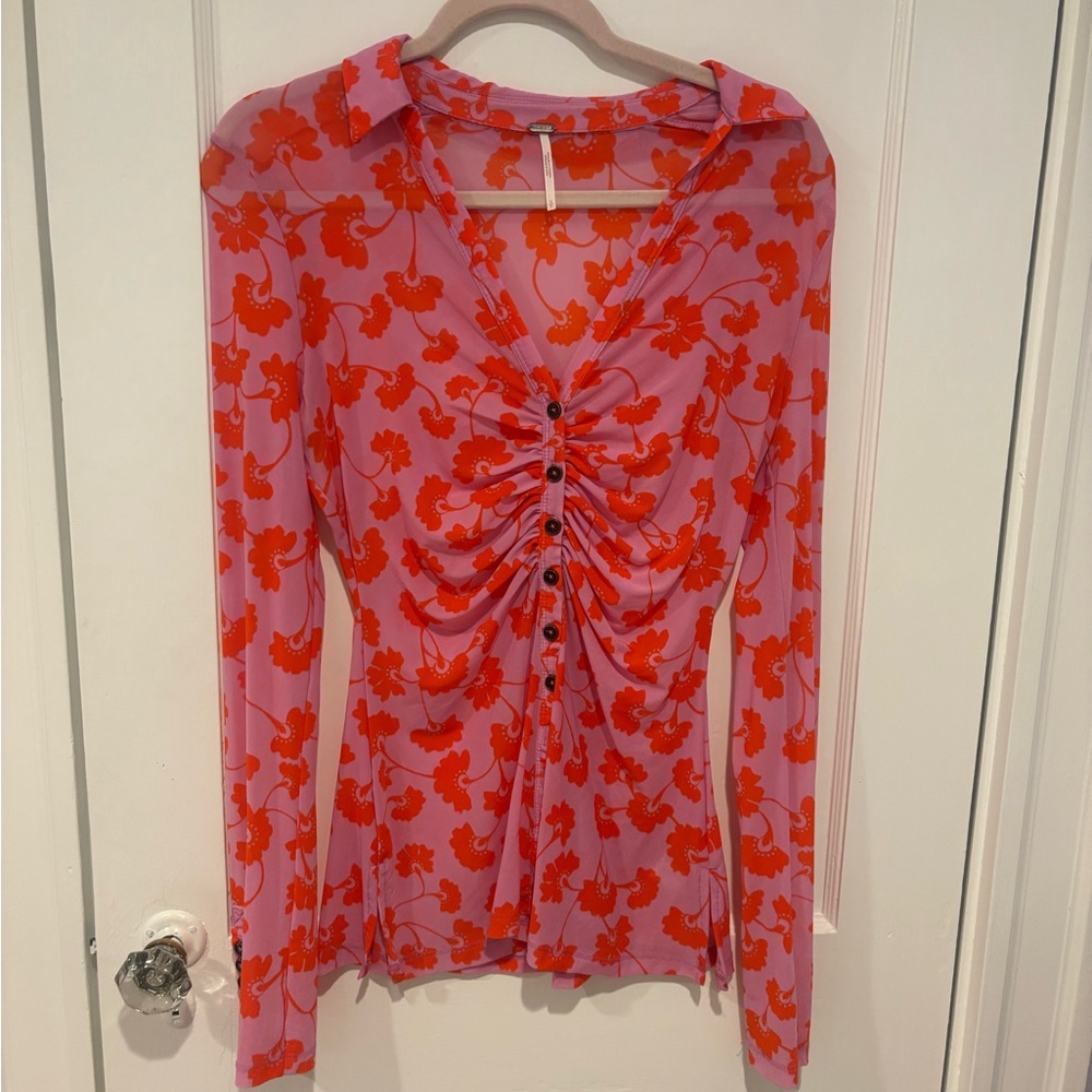 Free People Pink and Orange Floral Blouse